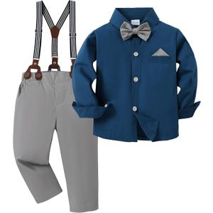 DISAUR Baby Boy Clothes Suits Toddler Dress Shirt With Bowtie Suspender Pants Outfit Sets Gentleman Wedding (Blue, Size 5-6T)