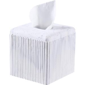 White Travertine Texture Striped Square Tissue Box Cover Decorative,Resin Heavy Sturdy Tissue Box Holder, Facial Paper Holder for Bathroom Vanity Countertop, Bedroom Night Stand,Office and End Table