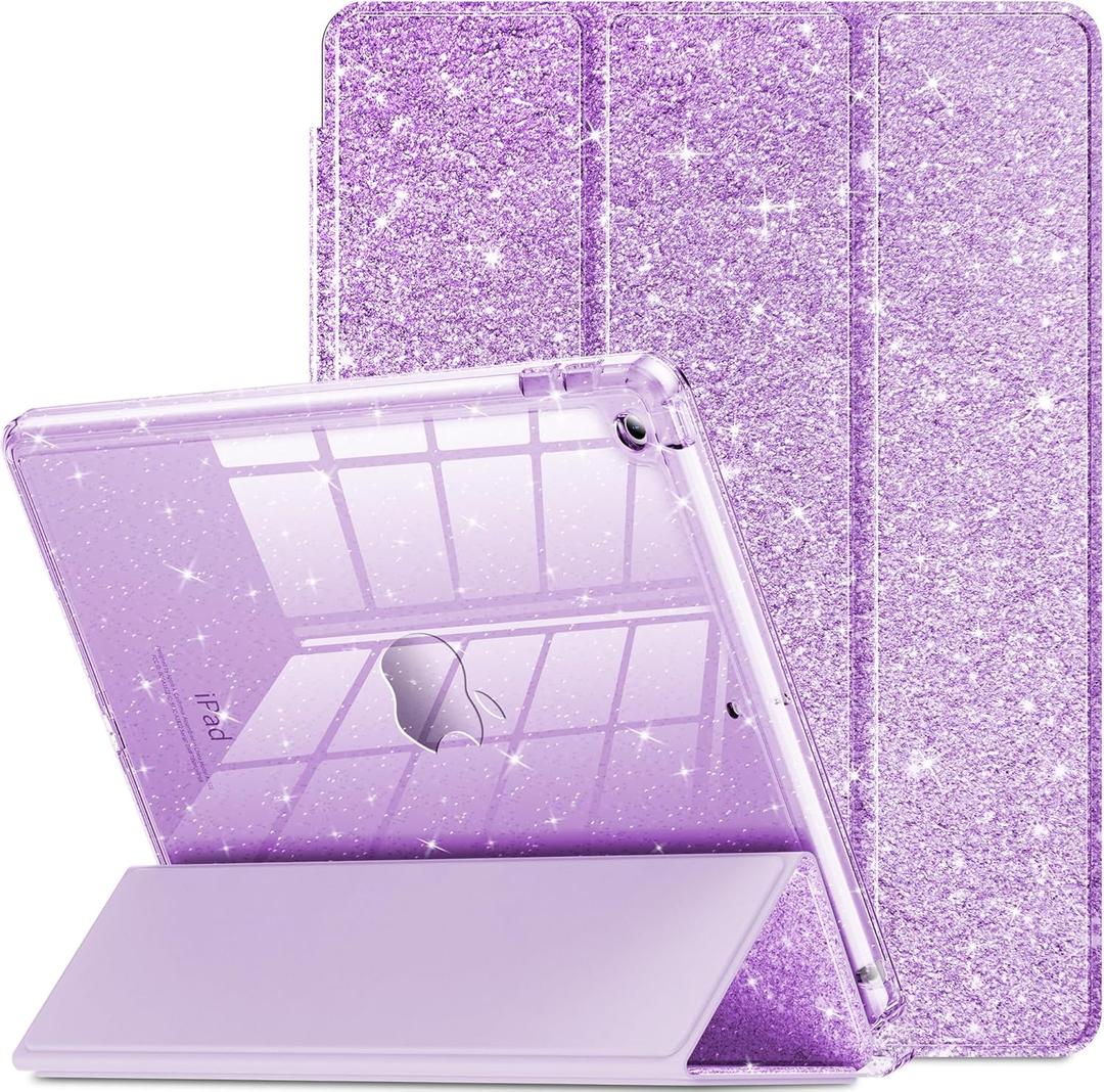 INFILAND for iPad 9th Generation 2021/ iPad 8th Generation 2020/ iPad 7th Generation 2019 Case 10.2 inch, Glitter Cover with Clear Back, Pencil Holder for Kids Girls, Lilac Purple