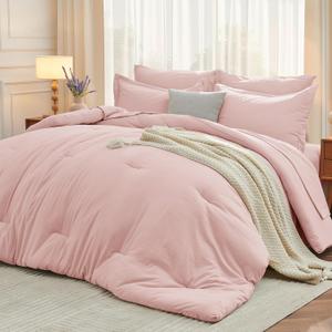 MUXHOMO 7 Pieces King Comforter Set, Soft Bed in a Bag King Size, All Season Bedding Set with Comforter, Flat Sheet, Fitted Sheet, Pillowcases & Shams, Pink