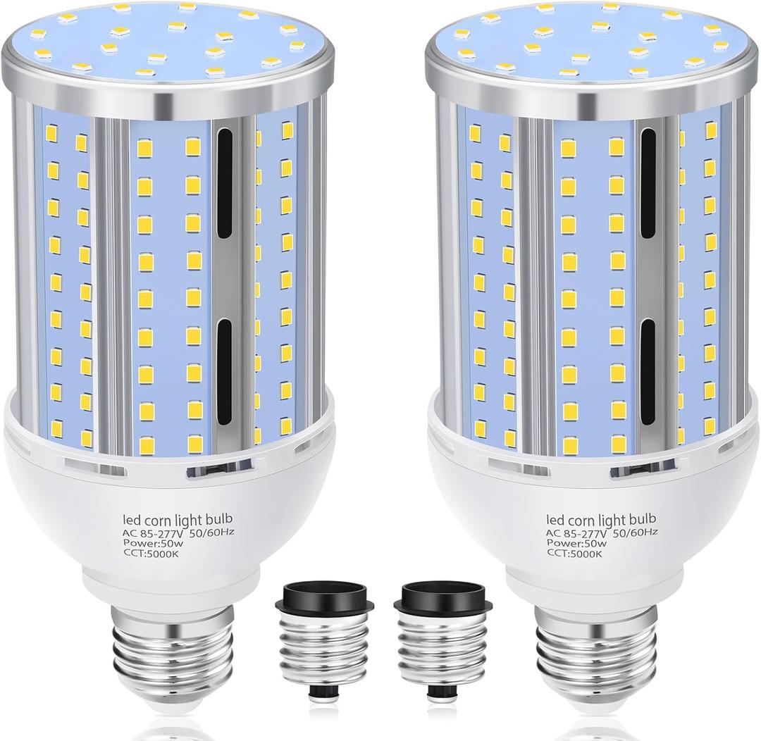 50W LED Corn Light Bulb(2 Pack),(490 Watt Equivalent) Fanless E26/E39 Medium/Large Mogul Base LED Cob Lamp 5000K Daylight 6,200LM for Outdoor Indoor Garage Warehouse Factory Workshop Street Backyard (50W 2pack corn bulb)