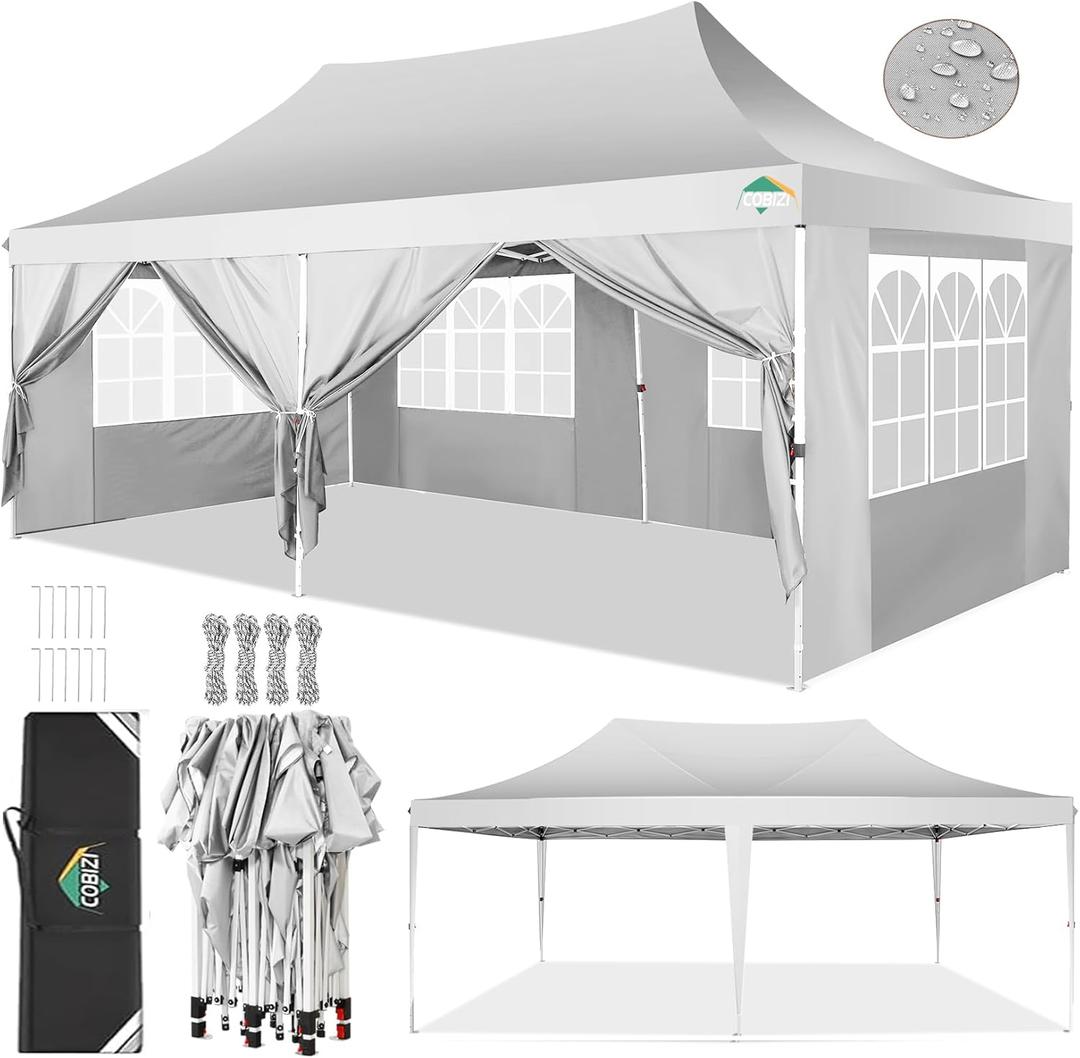 COBIZI 10x20 Pop up Canopy Tent with 6 Sidewalls, Easy up Canopy Tents for Parties with Metal Frame, Waterproof & UV50+, Height Adjustable, Portable Carry Bag Included (White)