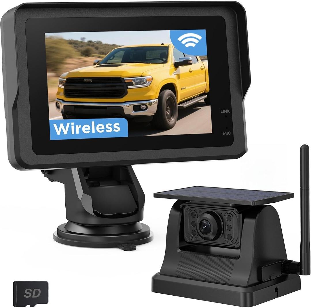 Magnetic Solar Wireless Backup Camera with 28hrs Rechargeable Battery, IR Night Vision & IP69, Suitable for Trucks, RV, Small Trailer & Pickup, 5'' HD 1080P Video Monitor, Reserve Guideline