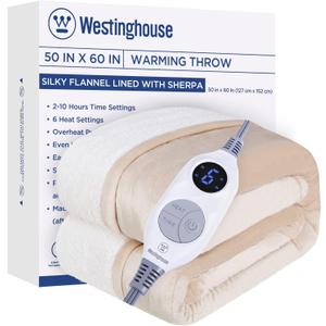 Westinghouse Heated Throw Blanket, Electric Blanket Throw with 6 Heating Levels and 2-10 Hours Time Settings, Flannel to Sherpa Super Cozy Heated Blanket Machine Washable, 50x60 inch, Beige Westinghouse Heated Throw Blanket, Electric Blanket Throw with 6 Heating Levels and 2-10 Hours Time Settings, Flannel to Sherpa Super Cozy Heated Blanket Machine Washable, 50x60 inch, Beige