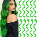 10 PCS Green Hair Extensions, Curly Wavy Synthetic Hairpieces Clip in Rainbow Neon Party Highlights, Colorful Hair Accessories for Women 17 Inch