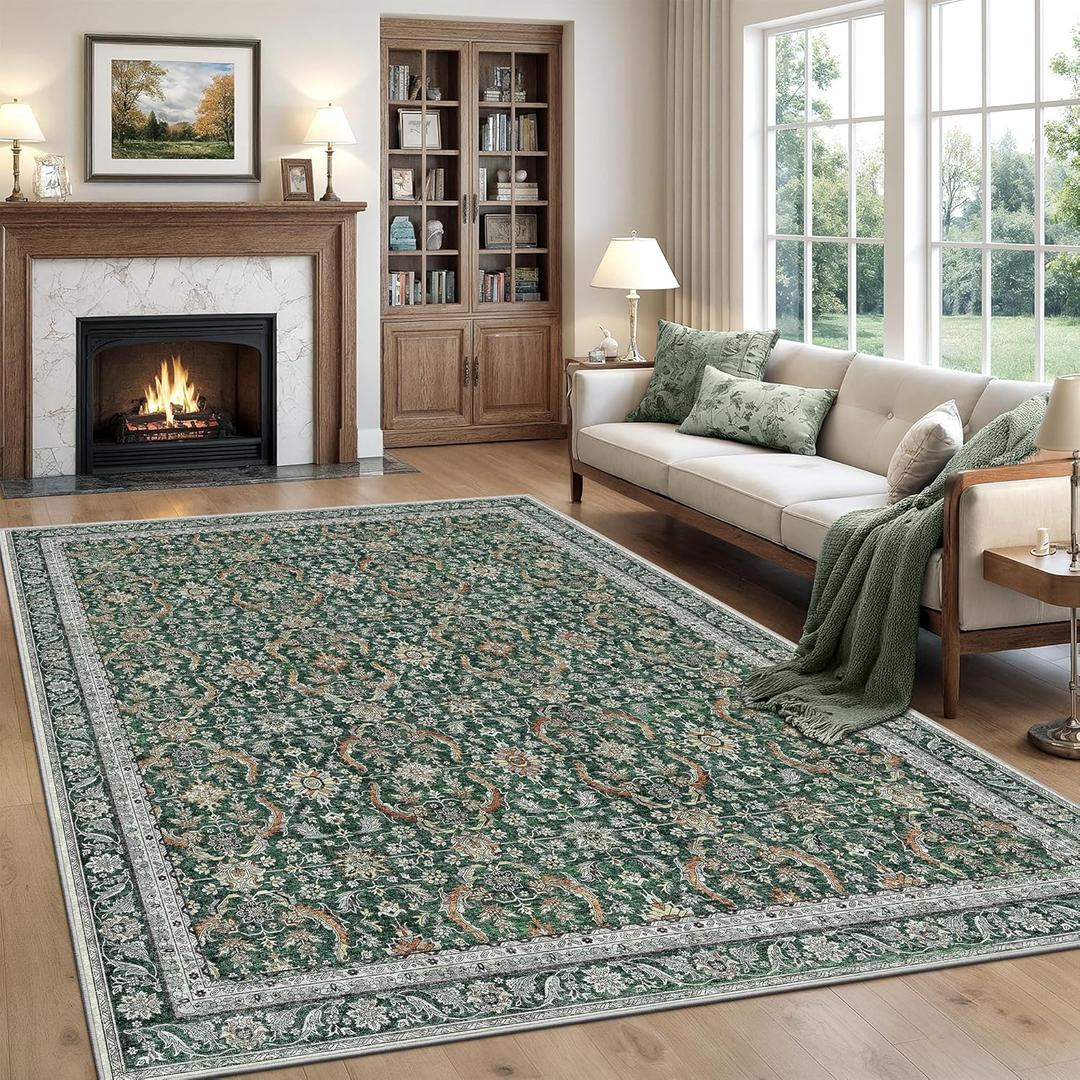 Rugland 8x10 Area Rugs - Stain Resistant Washable Rug, Anti Slip Rugs for Living Room, Vintage Tribal Area Rugs(Vintage01-Green, 8'x10')