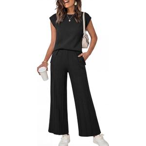 ANRABESS Women 2 Piece Lounge Sets Summer Casual Knit Sweater Vest Pant Set Beach Vacation Clothes 2026 Airport Outfits (Large, Black)