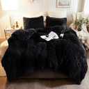 XeGe Plush Shaggy Duvet Cover Set, Luxury Ultra Soft Crystal Fluffy Bedding Sets 3 Pieces (1 Furry Faux Fur Comforter Cover + 2 Fuzzy Faux Fur Pillow Cases), Zipper Closure (Queen, Black)