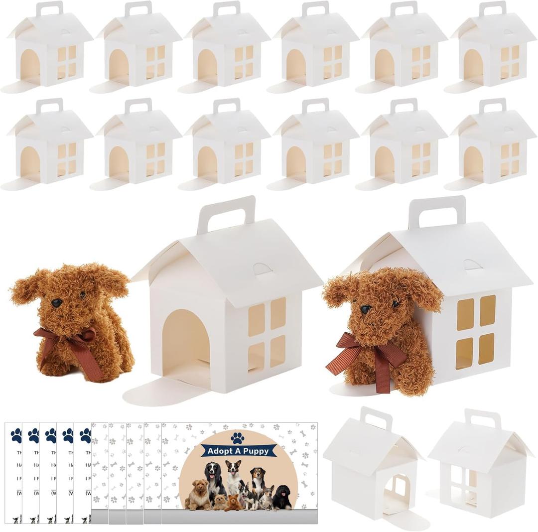 LOVYNO 18 Pcs Dog Party Favor Boxes with Pet Adoption Certificate, Dog House Shape Treat Gift Boxes with Holes, Adopt A Puppy Party Supply Boxes for Pet Adoption Theme DIY Crafting Party