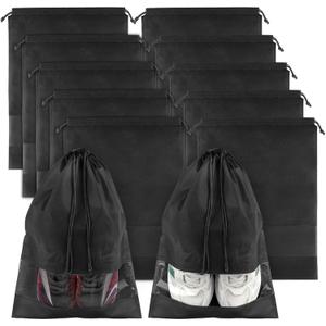 Large Black Travel Shoe Bags - 10 Pcs with Clear Window, Non-Woven Drawstring, 12.6" X 17.3" for Men Women