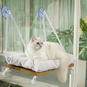 Cat Window Perch, Indoor Hammock Bed with Solid Pine Wood, 4 Industrial-Grade Suction Cups, Window Hammock with Soft Cushion for Cats, Space Saving Design