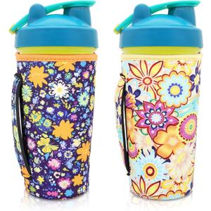 2Pack Reusable Neoprene Insulator Water bottle holder Sleeves with Handle Compatible with 28 oz Blender Bottle, 20oz - 26oz Tumbler Cup(Flower Prints), Fits 28oz Blender