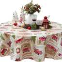 Newbridge Yuletide Christmas Tree Farm Red Barn Truck Vinyl Flannel Back Tablecloth, 70 Inch Round, Nostalgic Holiday Wipe Clean Easy Care Table Cover