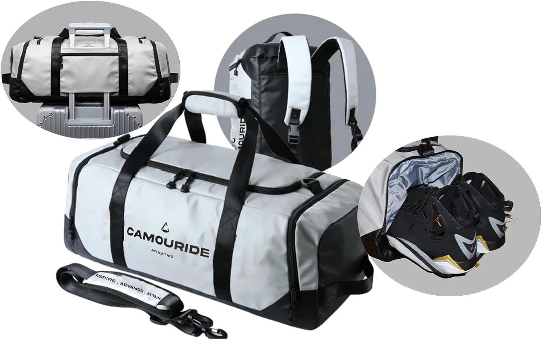45L Workout Gym Bag for Men & Women Waterproof Carry On Gym Duffle Bags for Men - Convertible Gym Bag with Shoe Compartment & Wet Pocket for Sports, Weekends & Fitness , Classic Grey