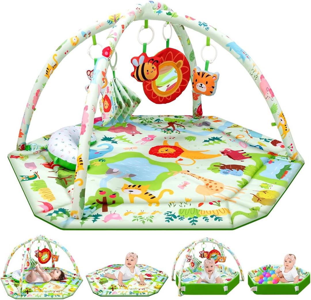 lulunemo Baby Play Mat,Tummy Time Mat with 6 Detachable Toys-Activity Gym for Visual, Auditory & Motor Development-Washable Baby Activity Mat for 0-12 Month Infants(Animal Theme)