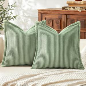 Mecatny Corduroy Throw Pillow Covers 20x20 Set of 2, Neutral Decorative Soft Boho Couch Pillow Covers with Broadside for Sofa Living Room, Sage Green