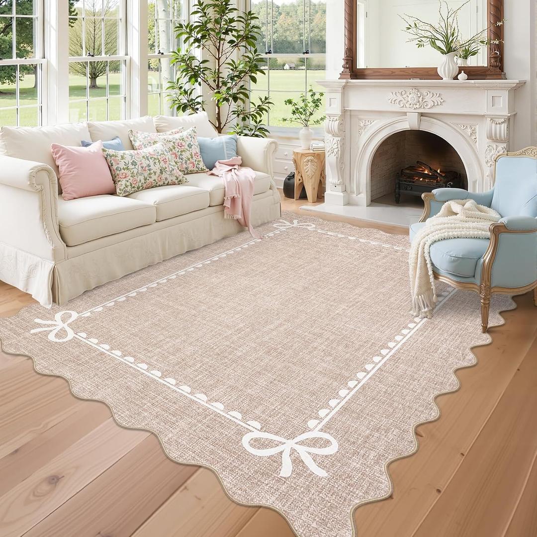 GarveeHome Scalloped Bow Rug for Living Room, Solid Camel Rug for Dorm, Washable Rugs 9x12 Soft Low Pile Non Slip Scalloped Rugs for Nursery College Bedroom Decor Kids Room Playroom