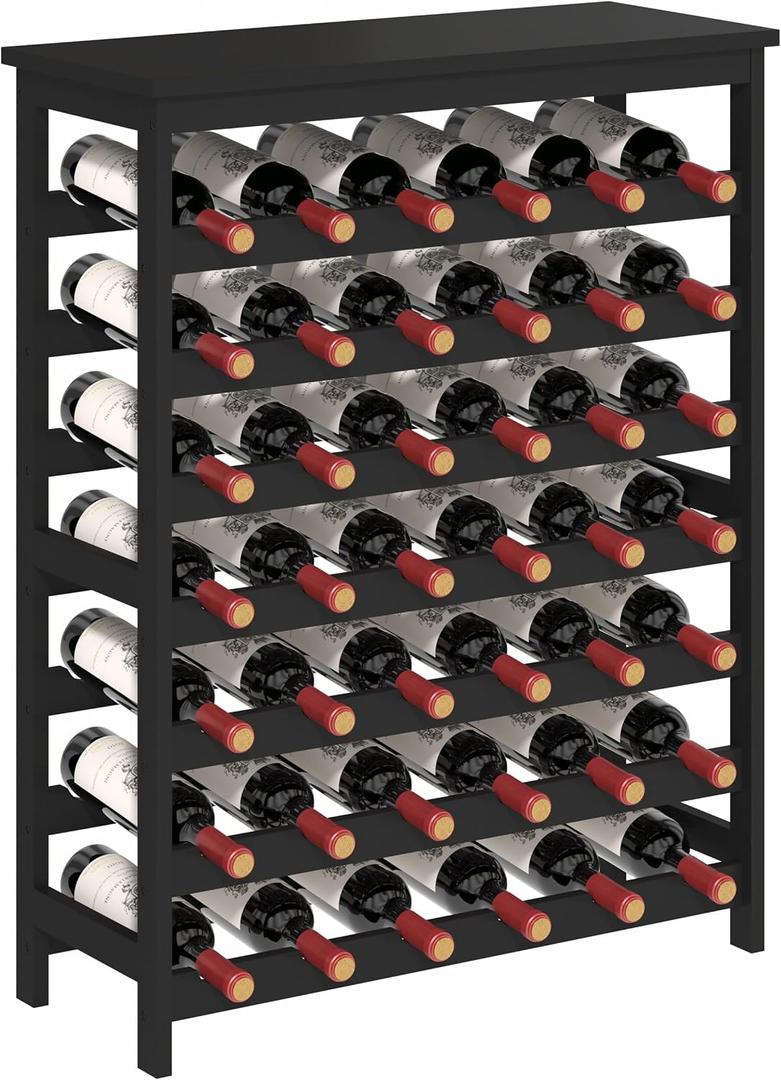 42 Bottles Bamboo Wine Rack Freestanding Floor, 7-Tier Wine Storage Shelf with Table Top, Wine Display Holder for Kitchen Pantry Bar Cellar, Black