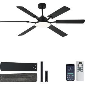 60 Inch Ceiling Fans with Lights, Large Modern Black Ceiling Fan with Light and Remote Control, 6 Double Sided Blades, 6 Speed Reversible Motor, Dimmable LED, Silent Timing, Indoor Outdoor Patio Use