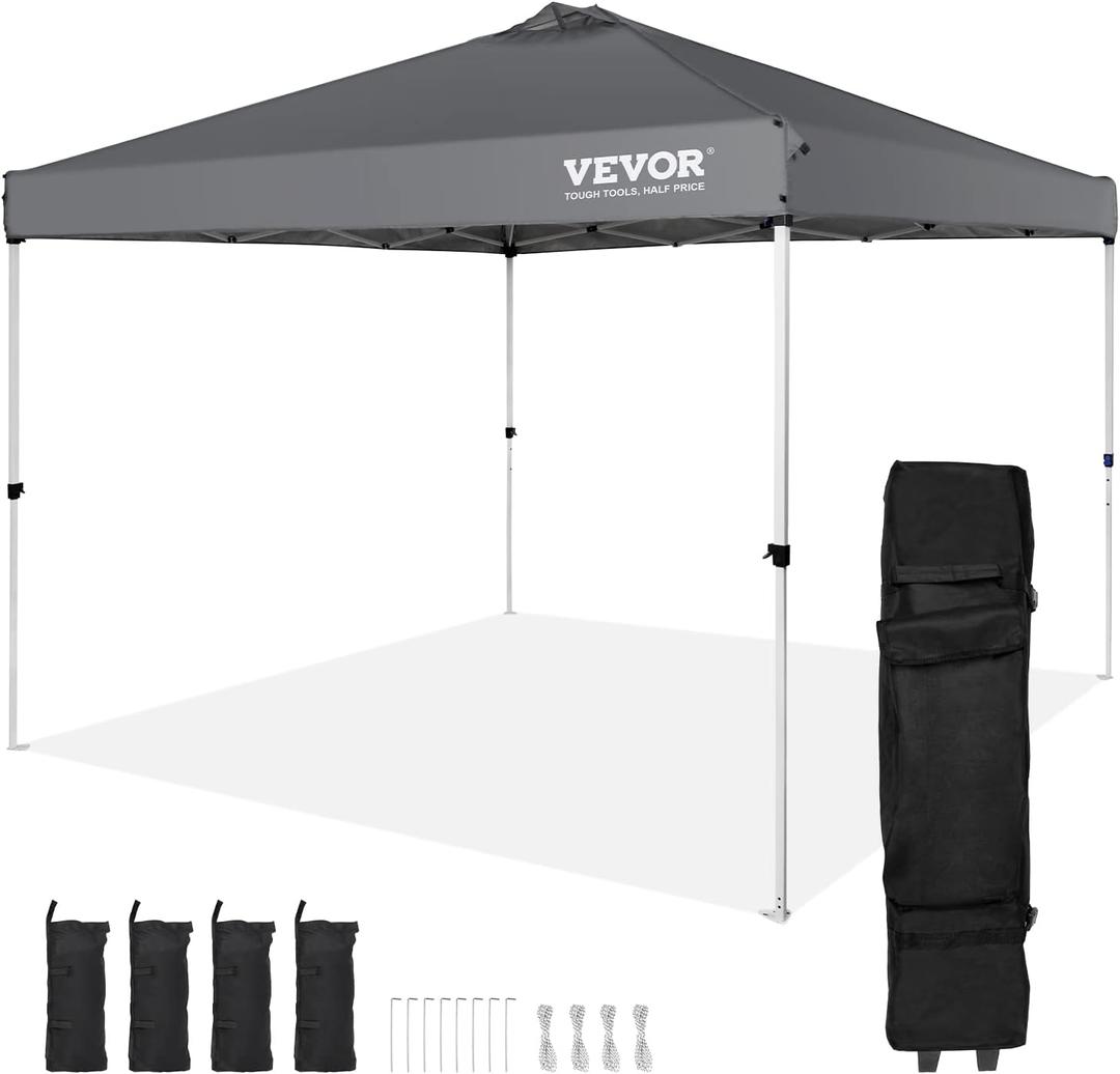 VEVOR Pop Up Canopy Tent, 10 x 10 ft, 250 D PU Silver Coated Tarp, with Portable Roller Bag and 4 Sandbags, Waterproof and Sun Shelter Gazebo for Outdoor Party, Camping, Commercial Events, Dark Gray
