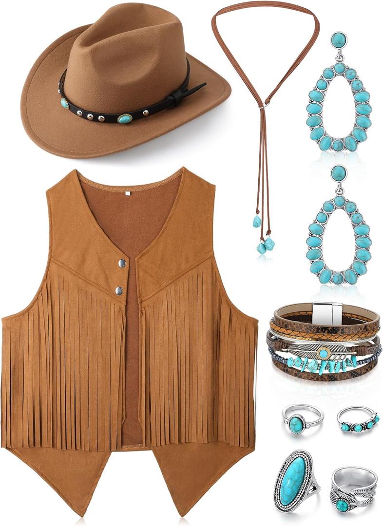 Suhine 9 Pack Western Outfits for Women Cowgirl Fringe Vest Boho Cowboy Hat Turquoise Jewelry Kit for Halloween Costume, Large