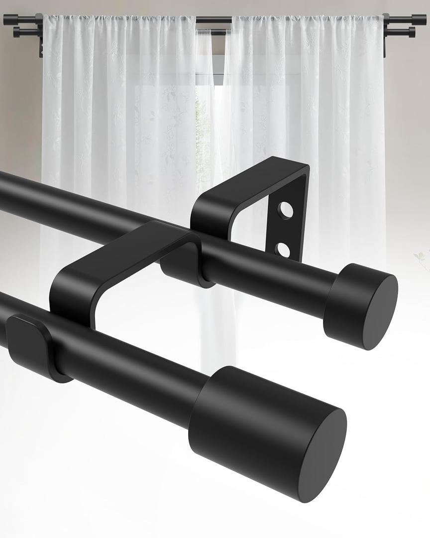 Double Curtain Rods for Windows 30 to 60, 5/8 inch Adjustable Double Curtain Rod, Easy to Install, Suitable for Living Rooms, Bedrooms, Outdoors, Black