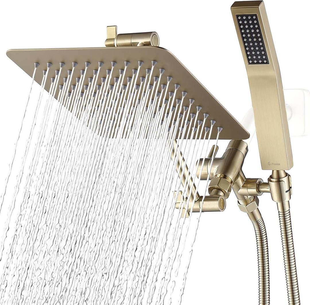 G-Promise All Metal 8-Inch Dual Square Shower Head Combo, Rain Shower Head, Handheld Shower Wand with 71-Inch Extra Long Hose, 3-Way Diverter, Adjustable Extension Arm, Brushed Gold