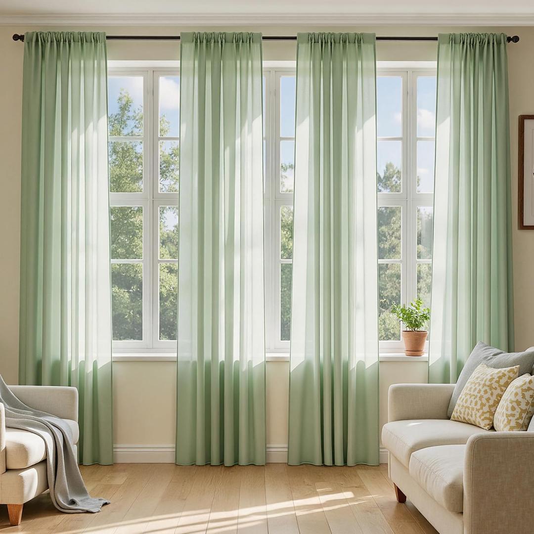 MIULEE Sage Green Sheer Curtains 96 Inches Long, 4 Panels Set, Light Filtering Rod Pocket Voile Drapes Window Treatments, Semi Transparent Airy Fabric for Bedroom and Living Room, 42 x 96 Inches