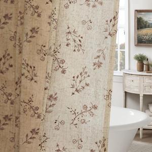 Brown Floral Farmhouse Vintage Linen Shower Curtain, French Country Shower Curtains for Bathroom, 72Wx72H