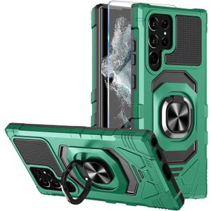 Heavy Duty Protection Case for Samsung Galaxy S22 Ultra Phone Case with Built-in Screen Protector, Military Grade Shockproof 360 Degree Metall Ring Kickstand Travel Cover Shell (Green)