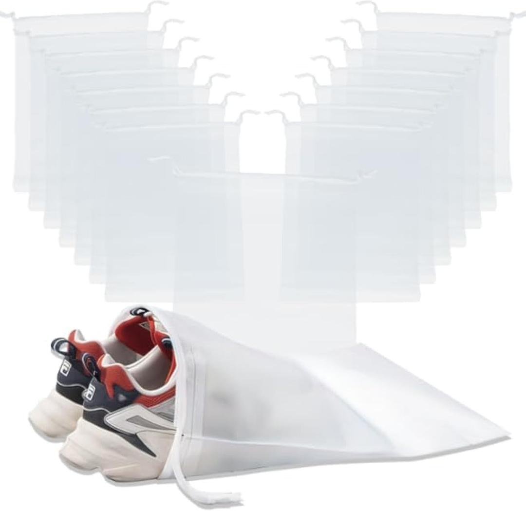 Frosted Clear Plastic Travel Shoe Bag for Men Woman Travel Organizer, 15Pcs Washable Translucent Drawstring Pouch with Rope for Golf GYM Sneaker Clothes Suitcase Home Packing Storage