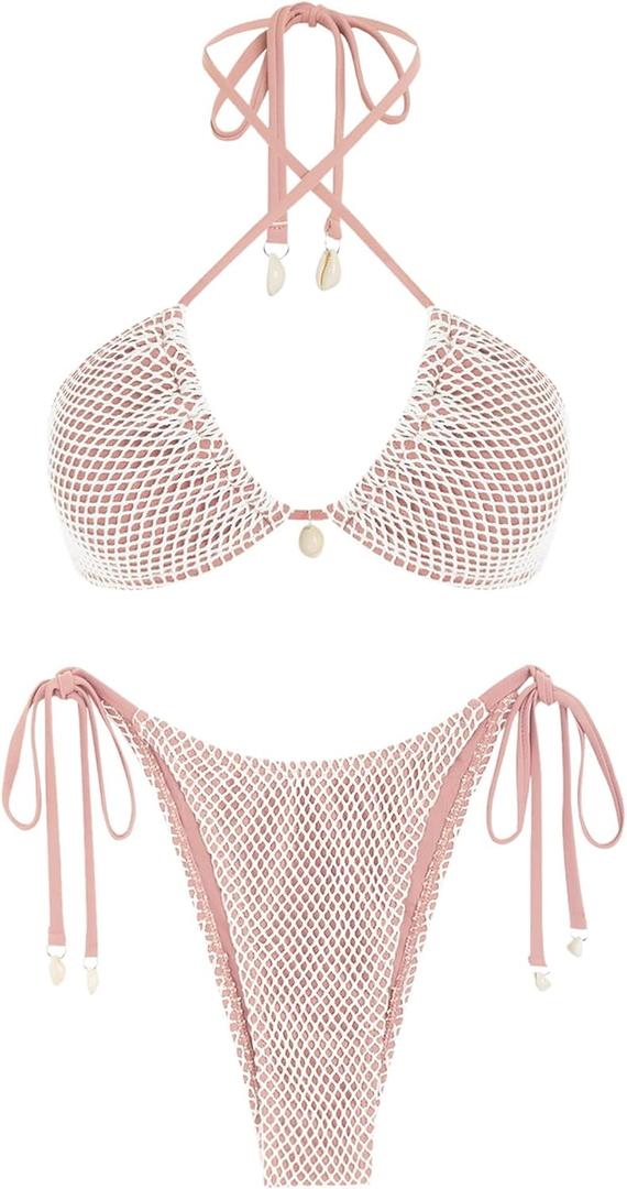 ZAFUL Women's Triangle Bikini Multiway Fishnet Tie Side Bandeau Halter String Bikini Set Two Piece Swimsuit Bathing Suits (Large, 1-light Pink)