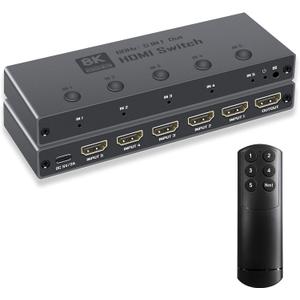 Enbuer 8K HDMI 2.1 Switch, HDMI 2.1 Switcher 5 in 1 Out Supports CEC 8K@60Hz, 4K@240Hz, 1080P@480Hz, HDCP 2.3 HDR 3D Dolby Atmos VRR Compatible with PS5 Xbox Blu-Ray Player with IR Remote Controller