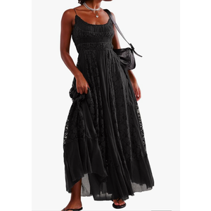 Gacaky Summer Dress for Women Casual Lace Floral Embroidered Bohemian Maxi Dress Flowy A Line Beach Long Dresses
Black S