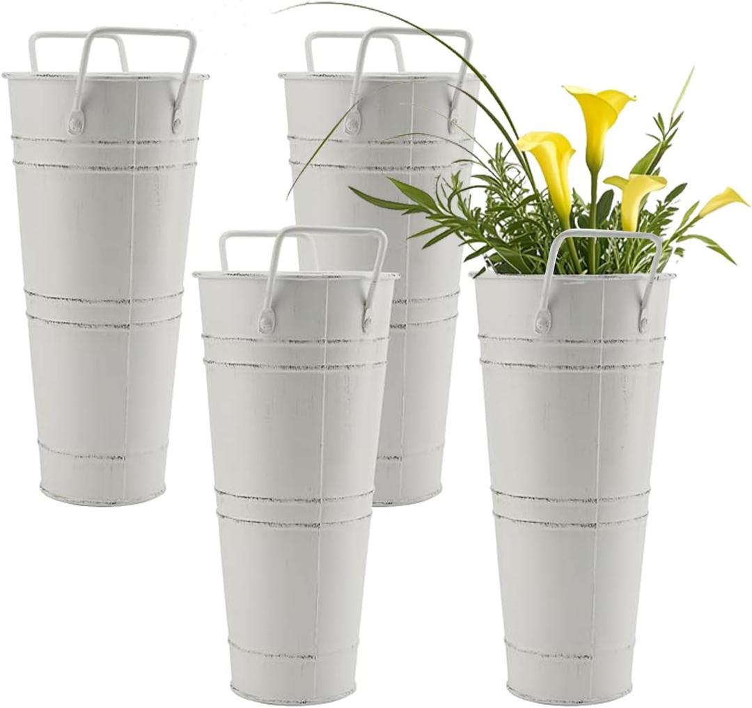 HOIGON 4 PCS Galvanized Metal Flower Vases, 9 Inch Rustic Farmhouse French Bucket with Handles,Metal Flower Holder for Weeding, Table, Home Decoration, White