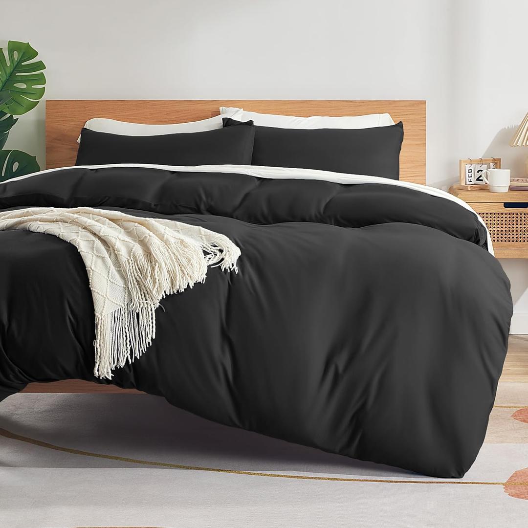 Sonive Full Duvet Cover Set, Jersey Knit 3 Pieces Bedding Comforter Sets 1 Duvet Cover with 2 Pillow Shams, Breathable Comforter Cover wiht 8 Corner Ties, Super Soft Duvet Cover Black