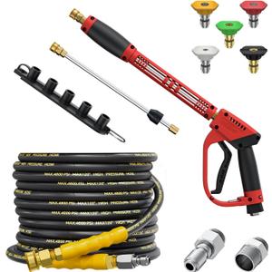 5000PSI Pressure Washer Gun and Hose Kit, 25FT Kink Resistant Steel Braided Power Washer Hose with 3/8" Swivel Quick Connector and M22 14mm Adapters Replacement/30" Extension Washer Wand