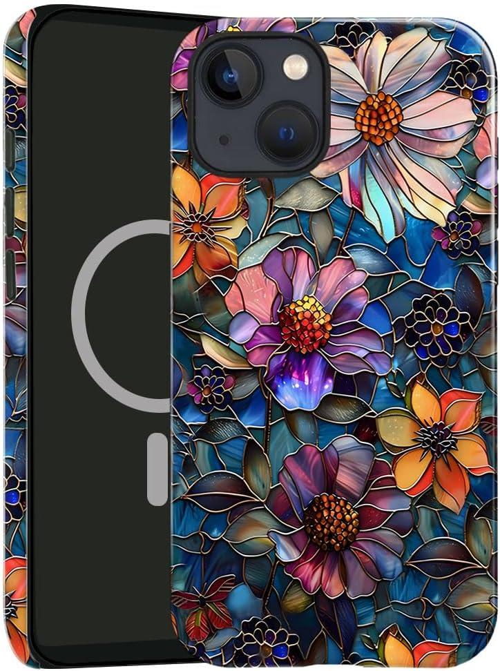 Case Compatible with iPhone 14,Compatible with MagSafe,Glossy Fall Prevention Hybrid 2-Layer Hard Shell Cases for Girls Boys,Colorful Floral Flower Art