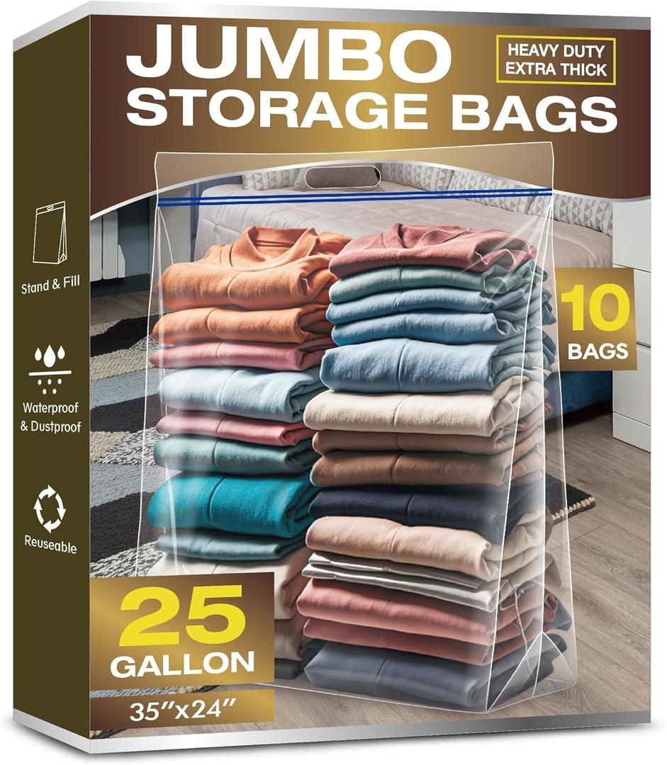 25 Gallon Jumbo Storage Bags, 3.5 Mil Thick Clear Plastic Zipper Bags with Handles, 35" x 24" Extra Large XL Heavy Duty for Home, Travel, and Moving (10 Packs)