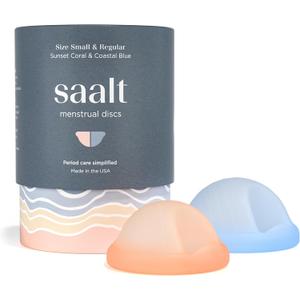 Saalt Menstrual Disc Duo - Soft, Flexible, Reusable Medical-Grade Silicone, Wear 12 Hours, Removal Notch Duo, Includes Both Sizes, Menstrual Cup | Tampon Alternative, Made in USA, Lasts 10 Years (Regular Blue & Small Coral)