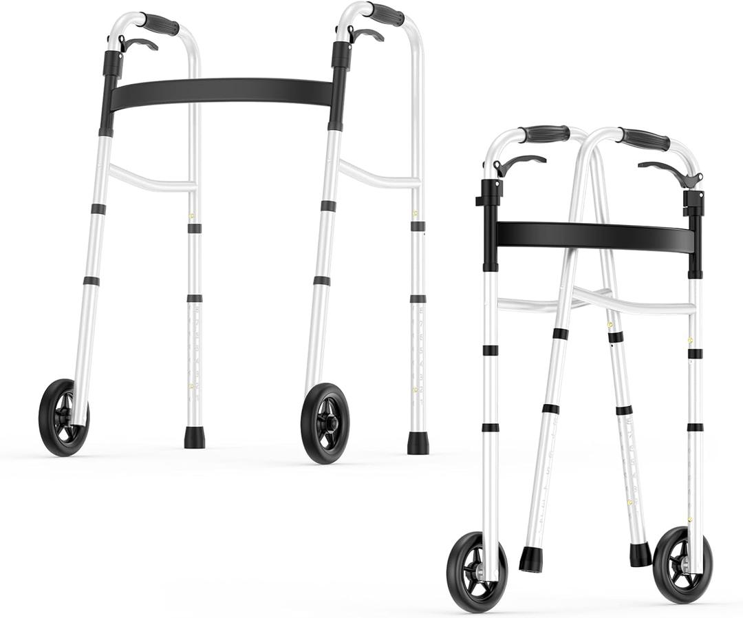 Standard Walkers for Seniors - 8 Levels Adjustable Height Folding Walker with Wheels, Lightweight Front Wheel Walkers for Elders & Adults & Handicapped, Weighing Up to 350 Pounds Rolling Walker (Silver)