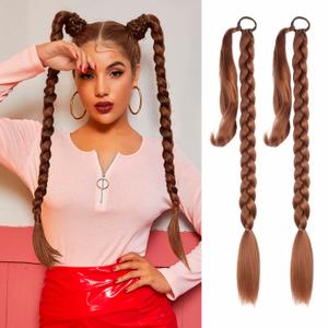 2 Pack Long DIY Braided Ponytail Extension with Hair Tie Straight Wrap Around Hair Extensions Ponytail(2#)