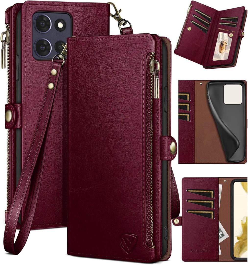 XcaseBar compatible with Moto G Power 2025/G Play 2025 Wallet case with Zipper Credit Card HolderRFID Blocking,Flip Folio Book PU Leather Phone case Shockproof Cover Men Women case Wine Red