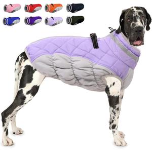 AOFITEE Dog Coat, Warm Dog Winter Coat for Large Dogs, Reflective Turtleneck Dogs Jacket with Harness Built in, Waterproof Windproof Pet Puffer Jacket Fleece Vest for Cold Weather, Lilac XXXL