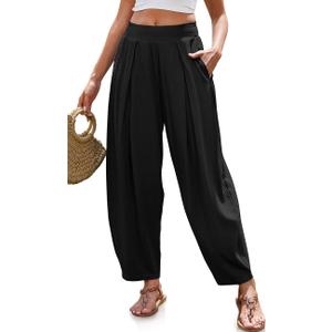 TARSE Womens Linen Harem Pants Loose Fit Boho Pants with Wide Waistband Casual Lounge Trousers for Summer Beach Vacation (Black, XL)