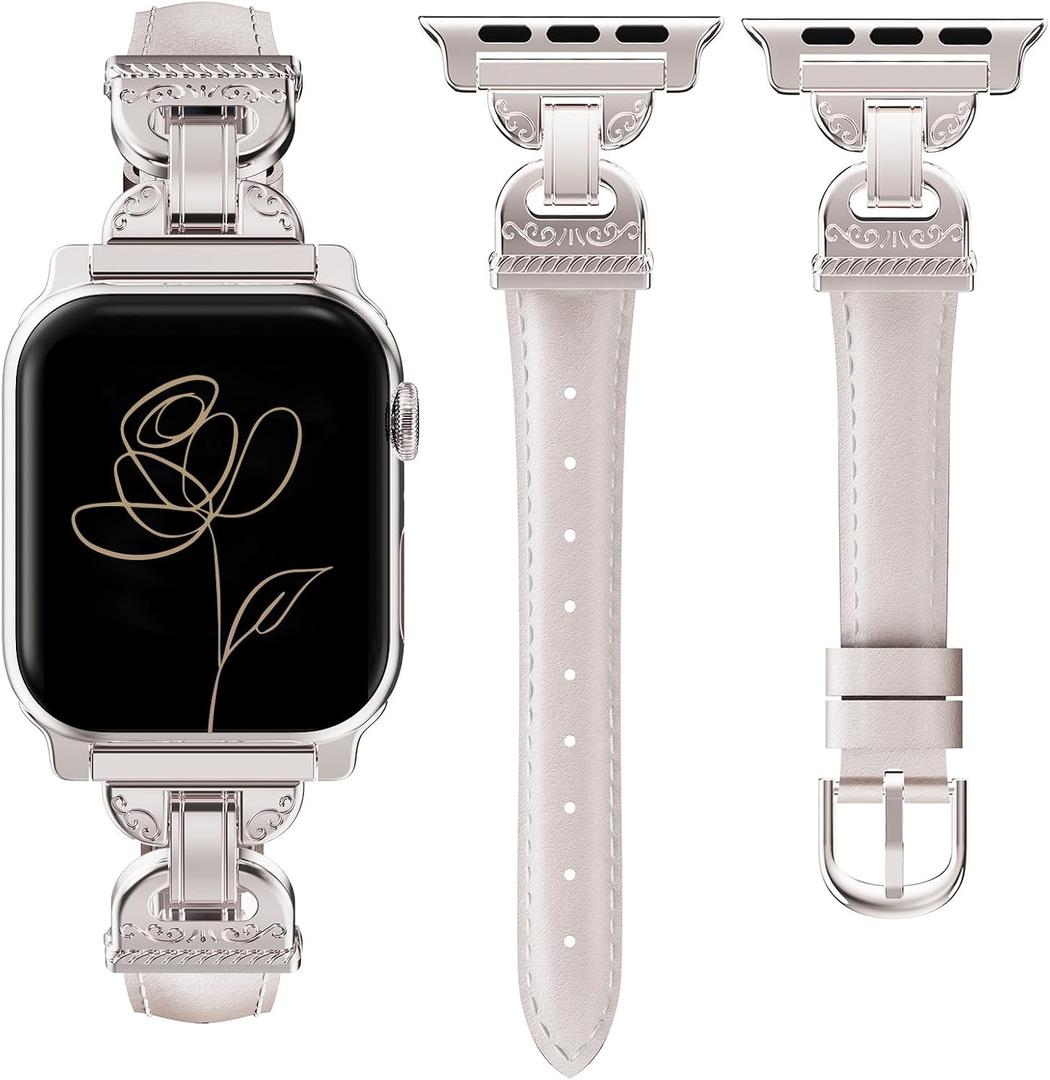 Slim Leather Band Compatible with Apple Watch Bands Women 38/40/41/42mm Dressy Slim Leather Strap with Designer Interlock Buckle Bracelet for iWatch Series 10/9/SE/8/7/6/5/4/3/2/1 Starlight