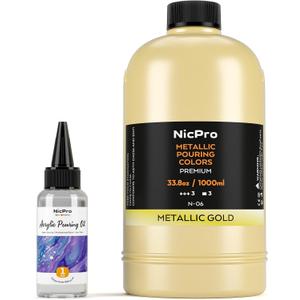 Nicpro Gold Metallic Acrylic Pour Paint, 33.8 Ounce Pre-Mixed Pouring Paint Supplies with Silicone Pour Oil & Gloves for Canvas, Rock, Wood Cell Creation Flow DIY Art Painting, Ready to Pour