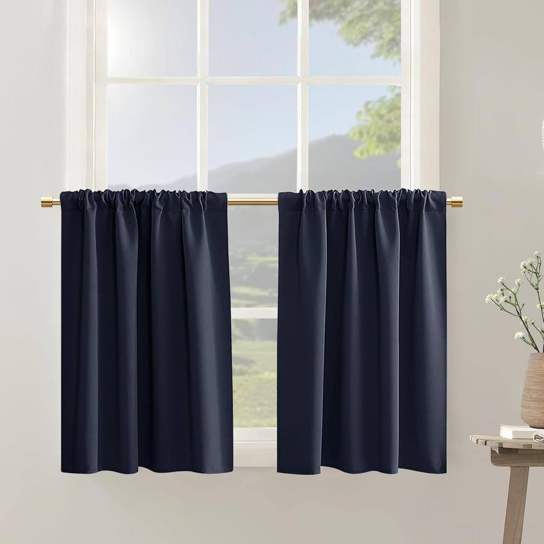PANELSBURG Dark Navy Blue Bathroom Window Curtains,Coastal Blackout Privacy Tier Small Curtains for Kitchen,24 Inch Length