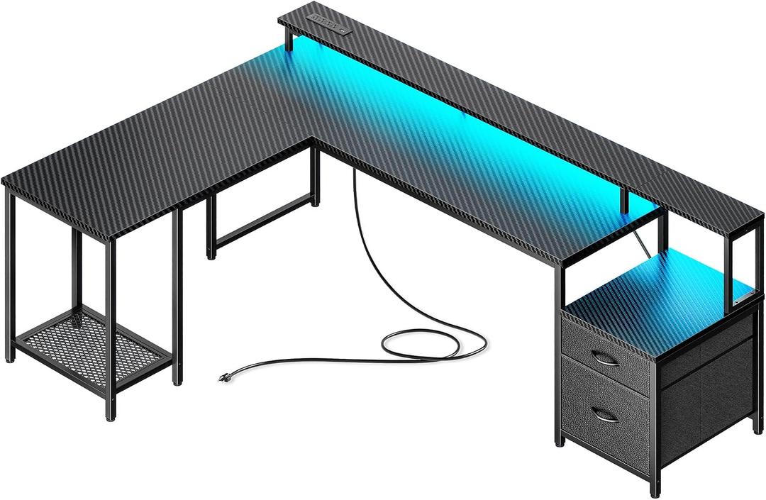 PRAISUN 66" L Shaped Gaming Desk with LED Lights & Power Outlets, Computer Desk with Fabric Drawers and Print Stand, Corner Office Desk, Monitor Stand, Mesh CPU Stand, Carbon Fiber Black, 66.14" x 47.24" x 34"