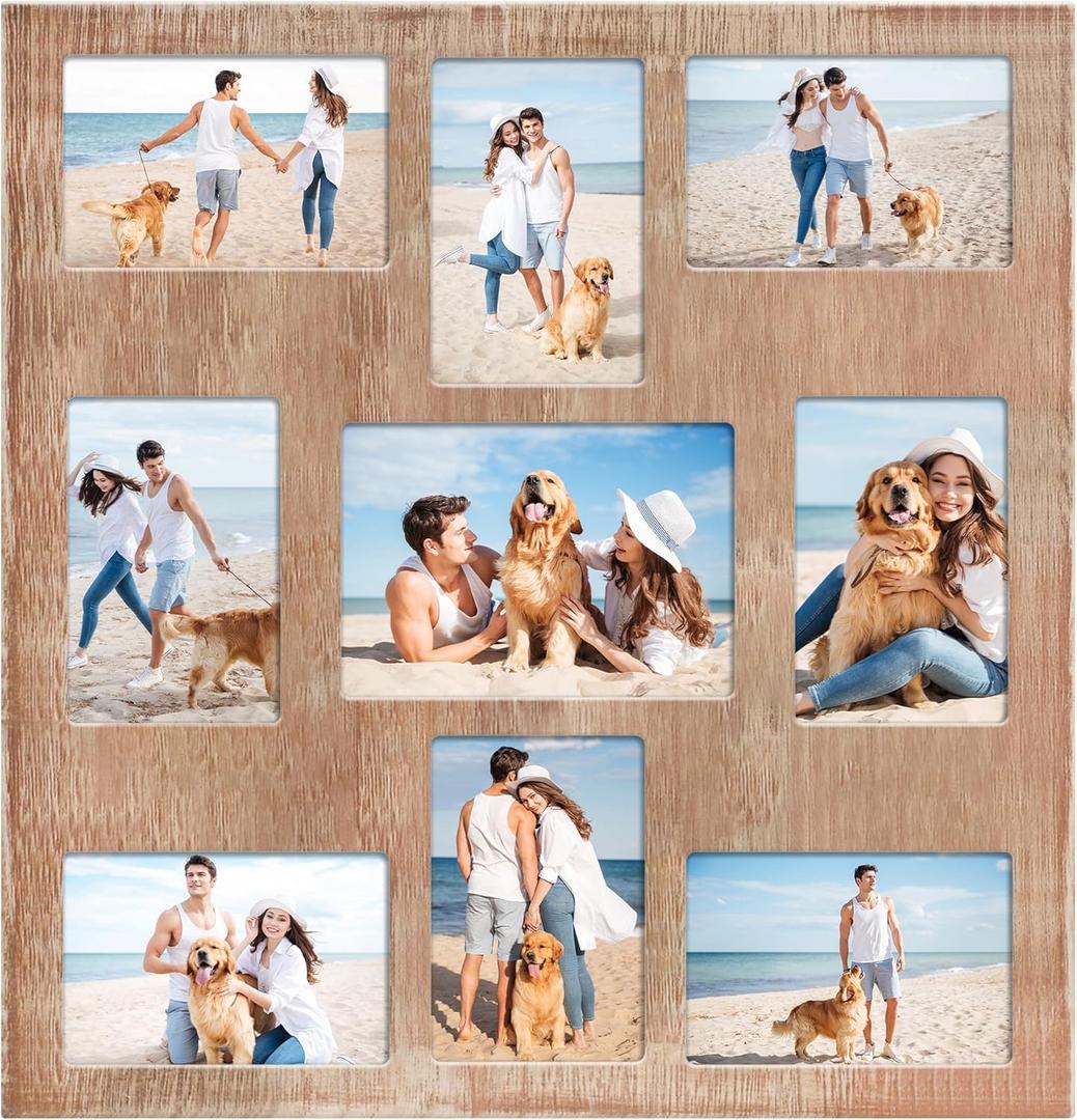 Picture Frame Collage for 4x6 and 5x7 Photos - 9 Openings Rustic Brown Picture Frame with Real Glass,Family Picture Frames Wall Decor 1 Pack